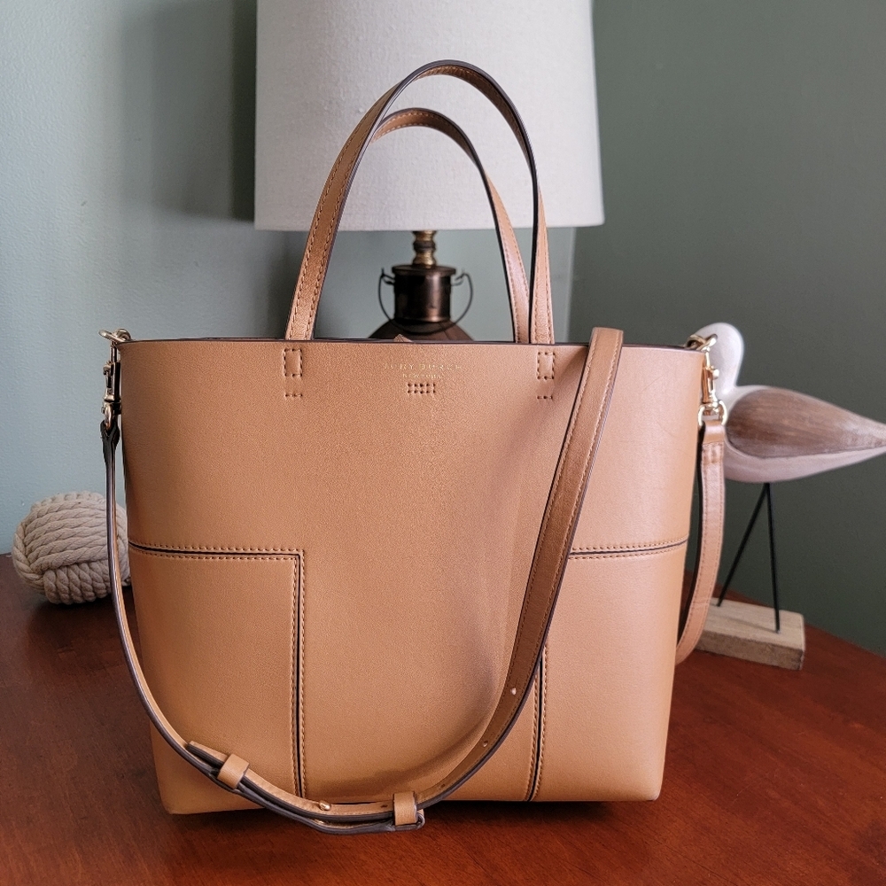Tory Burch Block-T Small Tote Camel Leather Crossbody Bag
